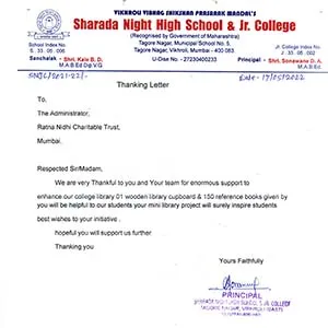 Letter of Thanks - Principal, Sharada Night High School and Jr. College, Mumbai